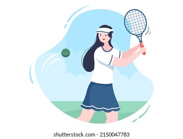 Tennis Player With Racket In Hand And Ball On Court. People Doing Sports Match In Flat Cartoon Illustration