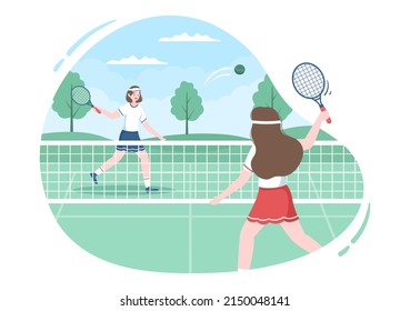 Jugador de tenis con raqueta en la mano y bola en la pista. Personas haciendo partido deportivo en ilustración de caricatura plana