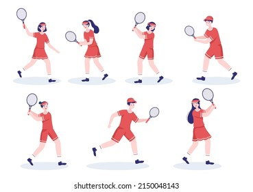 Tennis Player with Racket in Hand and Ball on Court. People doing Sports Match in Flat Cartoon Illustration