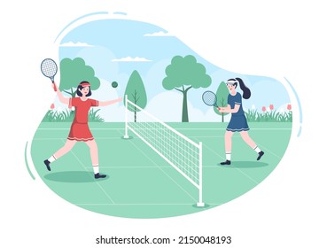 Tennis Player with Racket in Hand and Ball on Court. People doing Sports Match in Flat Cartoon Illustration