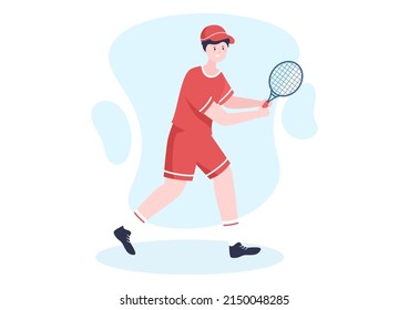 Tennis Player with Racket in Hand and Ball on Court. People doing Sports Match in Flat Cartoon Illustration