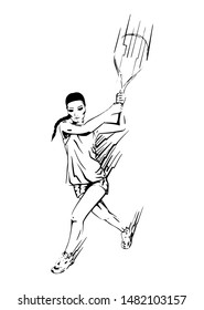 tennis player with a racket in her hand. Silhouette black shadow