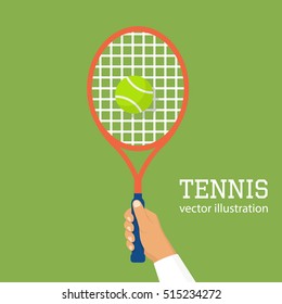 Tennis player racket hit the ball. Man playing a sports game. Sports lifestyle. Vector illustration flat design. Hold the racquet in hand. Isolated on background. Leisure.