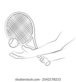 Jugador de tenis con Ilustración vectorial de raqueta. Deporte, atleta masculino, campeonato, dibujo de hobby. Joven enérgico golpeó la pelota. Concepto de arte de línea de entrenamiento deportivo. Sorteo para el torneo. Raqueta.