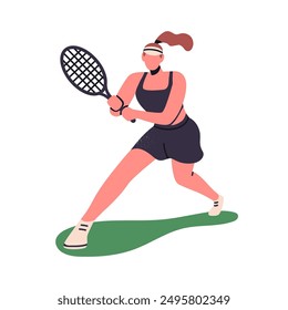 Tennis player with racket, playing court game. Female athlete in action, holding raquet in hand. Professional sport woman training outdoor. Flat vector illustration isolated on white background