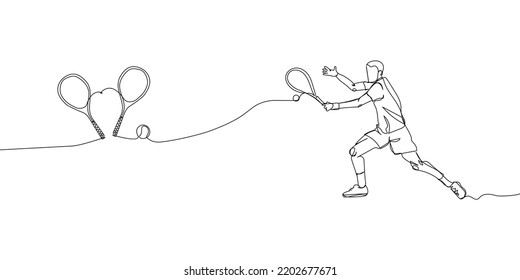 Jugador de tenis con raqueta, racquet y pelota con una sola línea de arte. El contínuo dibujo de la línea golpea la pelota, la competencia, el deporte, el atleta masculino, el ocio, el hobby, el campeonato, el torneo.