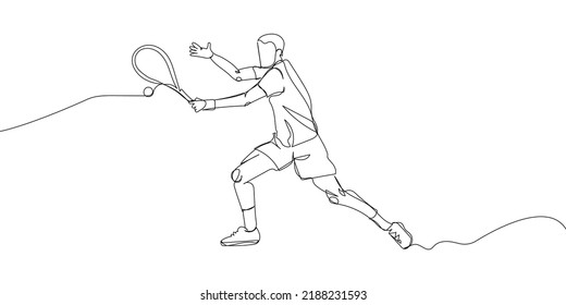 Tennis player with racket, racquet one line art. Continuous line drawing hit the ball, competition, sport, male athlete, leisure, hobby, championship, tournament.