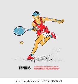 Tennis player with racket. Vector outline of Tennis player with scribble doodles.