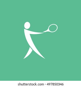 Tennis Player With Racquet Emblem Flat Icon On Green Background