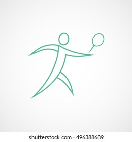 Tennis Player With Racquet Green Line Icon On White Background