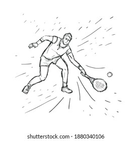Tennis player with racquet. Sketch vector hand drawn Illustration. Sport concept. Black line isolated on white. Design for print, cover, poster, engraving and banner