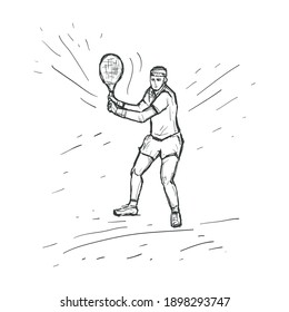 Tennis player with racquet. Sketch vector hand drawn Illustration. Sport concept. Black line isolated on white. Design for print, cover, poster, engraving and banner