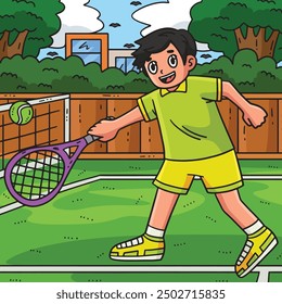 Tennis Player Reaching the Ball Colored Cartoon 