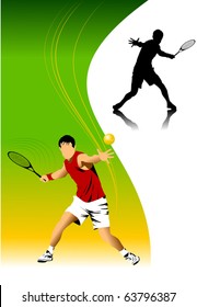 tennis player in red on a green background racket strikes the ball;