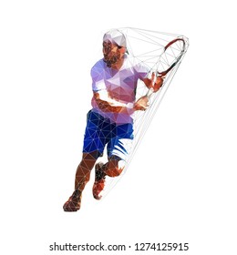 Tennis player running, isolated low polygonal vector illustration