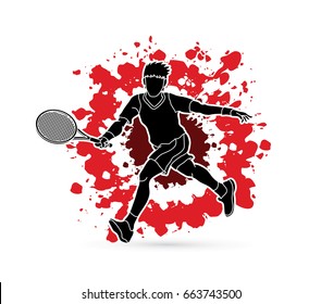 Tennis player running , Man play tennis movement designed on splatter color background graphic vector.