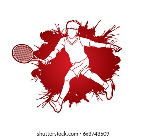 Tennis player running , Man play tennis movement designed on splash ink background graphic vector.