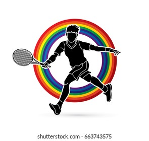 Tennis player running , Man play tennis movement designed on rainbow background graphic vector.