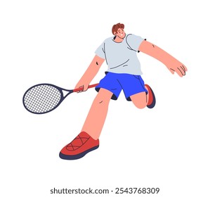 Jugador de tenis corriendo con raqueta, Ilustración vectorial plana de dibujos animados. Personaje de hombre aislado jugando juego, profesional o amateur con equipo para deportes. Hombre deportivo haciendo ejercicio y practicando