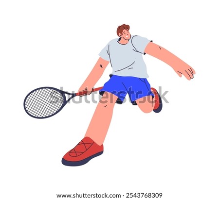 Tennis player running with racket, flat cartoon vector illustration. Isolated man personage playing game, pro or amateur with equipment for sports. Sportive man working out and practicing