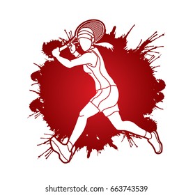 Tennis player running , Woman play tennis designed on splatter color background graphic vector.