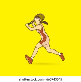 Tennis player running , Woman play tennis graphic vector