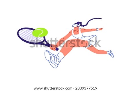 Tennis player is rushing to return ball with racket. Girl is reaching to hit with racquet. Athlete plays sports game on court, running and striking. Flat isolated vector illustration on white