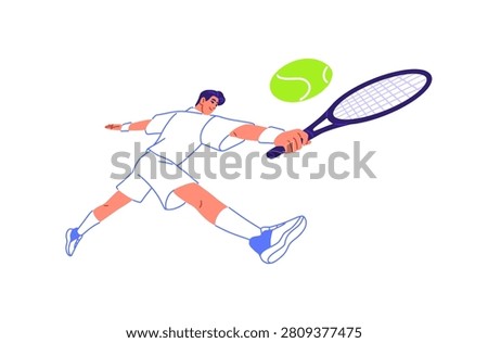 Tennis player is rushing to return a serve. Athlete is running and reaching to hit ball with racket. Boy with racquet plays sports game on court. Flat isolated vector illustration on white background