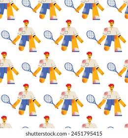 Tennis player seamless pattern. Man athlete playing tenis, court game, sport. Boy character with racket, exercising, training, workout. Flat graphic vector illustration isolated on background