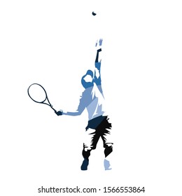 Tennis player serving ball, abstract blue vector illustration