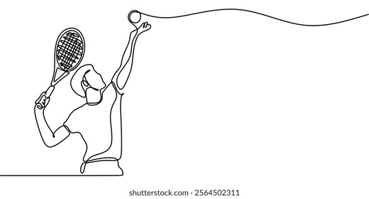 A tennis player serving the ball, embodying athletic performance and healthy living. One line drawing for sports enthusiasts. Vector illustration hand drawn.