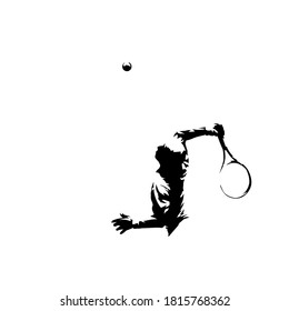 Tennis player serving ball, ink drawing. Abstract isolated vector silhouette