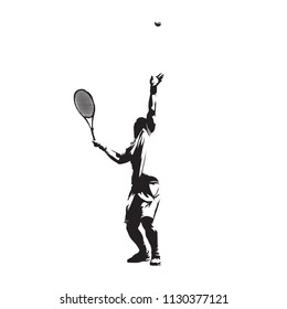 Tennis player serving ball, isolated vector silhouette, ink drawing. Individual summer sport. Active people