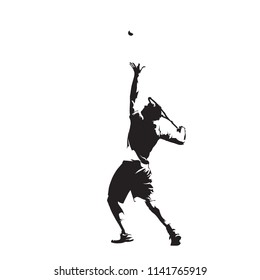 Tennis player serving ball, isolated vector silhouette, ink drawing. Individual summer sport. Active people