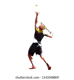 Tennis player serving ball, low poly vector illustration. Isolated vector geometric drawing