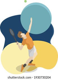 Jugador de tenis sirviendo bola, bajo polilla de ilustración vectorial. Deporte individual de verano. Personas activas con camisa naranja y fondo rebotante