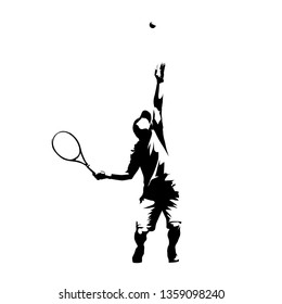 Tennis player serving ball, service, abstract isolated vector silhouette