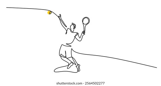 A tennis player serving the ball, symbolizing precision, skill, and sportsmanship. One line drawing for a healthy lifestyle. Vector illustration hand drawn.