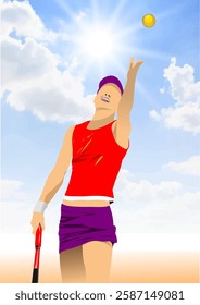 Tennis player serving on a sunny day under a blue sky with white clouds. Hand drawn Illustration 