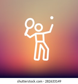 Tennis player in serving position icon thin line for web and mobile, modern minimalistic flat design. Vector white icon on gradient mesh background.