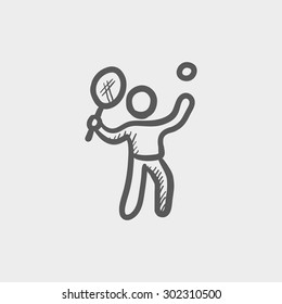 Tennis player in serving position sketch icon for web and mobile. Hand drawn vector dark grey icon on light grey background.