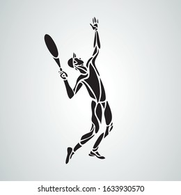 Tennis player serving stylized creative vector silhouette, emblem or logo template