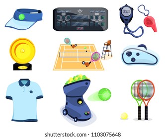 Tennis player set for game. Flat cartoons style vector illustration icons. Isolated on white background. Tennis gear. Tennis equipments, accessories: scoreboard, stopwatch, bag, court, sport wear, cup