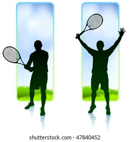 Tennis Player set with Nature Frame Background Original Vector Illustration