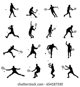 Tennis Player Set Of Sixteen Men Illustration Black Vector Silhouettes

