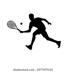 Tennisspieler Silhouette, der einem Tennisball hinterherjagt, Vorderseite Vektorillustration