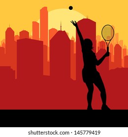 Tennis player silhouette and city in sunset vector background