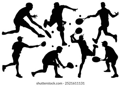 Tennisspieler Silhouette Set. Design-Element für Sportler. Der Sportler spielt Tennis mit Schläger und Ball. Zeichnung Kunst Illustration der Männer Tennisspieler. Tennis Mann Charakter Logo, Ikone Vektor.