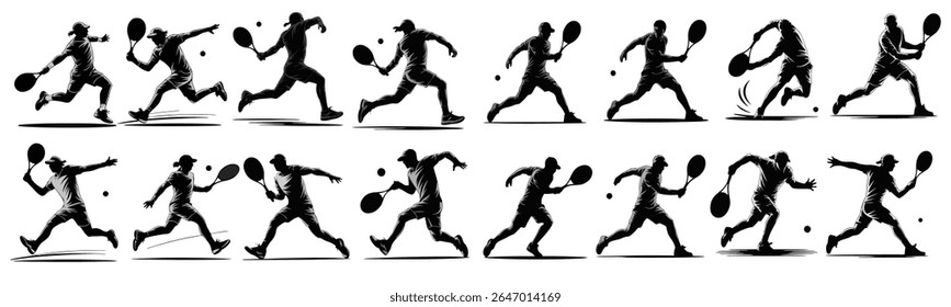 Tennis Player Silhouette Vector Set, 16 High-Quality Black Silhouettes of Tennis Players in Action Poses - Sports Prints and Branding