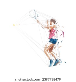 Tennis player silhouette, woman playing tennis, low poly isolated vector illustration, side view